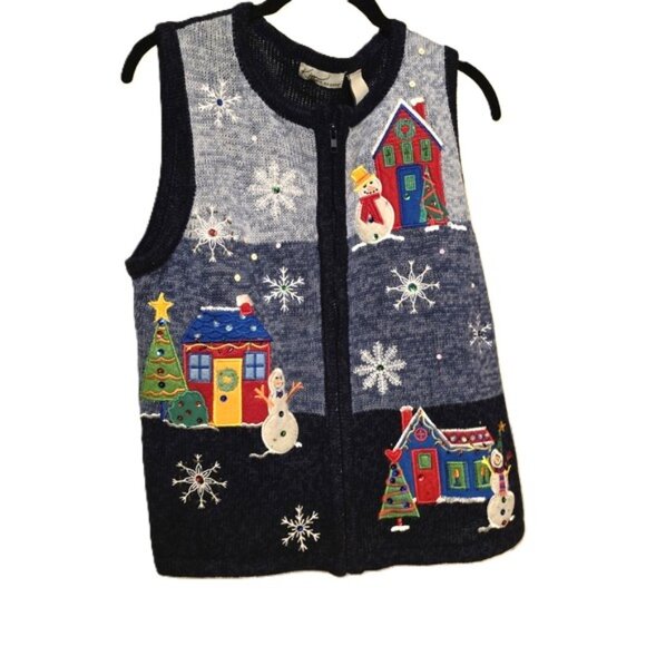 🎄 Vintage Holiday Sweater Vest Women’s Medium – Snowman Village Embroidered Zip - Picture 1 of 5